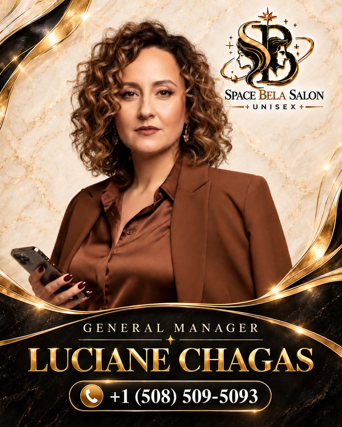 Space Bela Salon poster introducing Luciane Chagas, General Manager. Telephone: +1 (508) 509-5093.